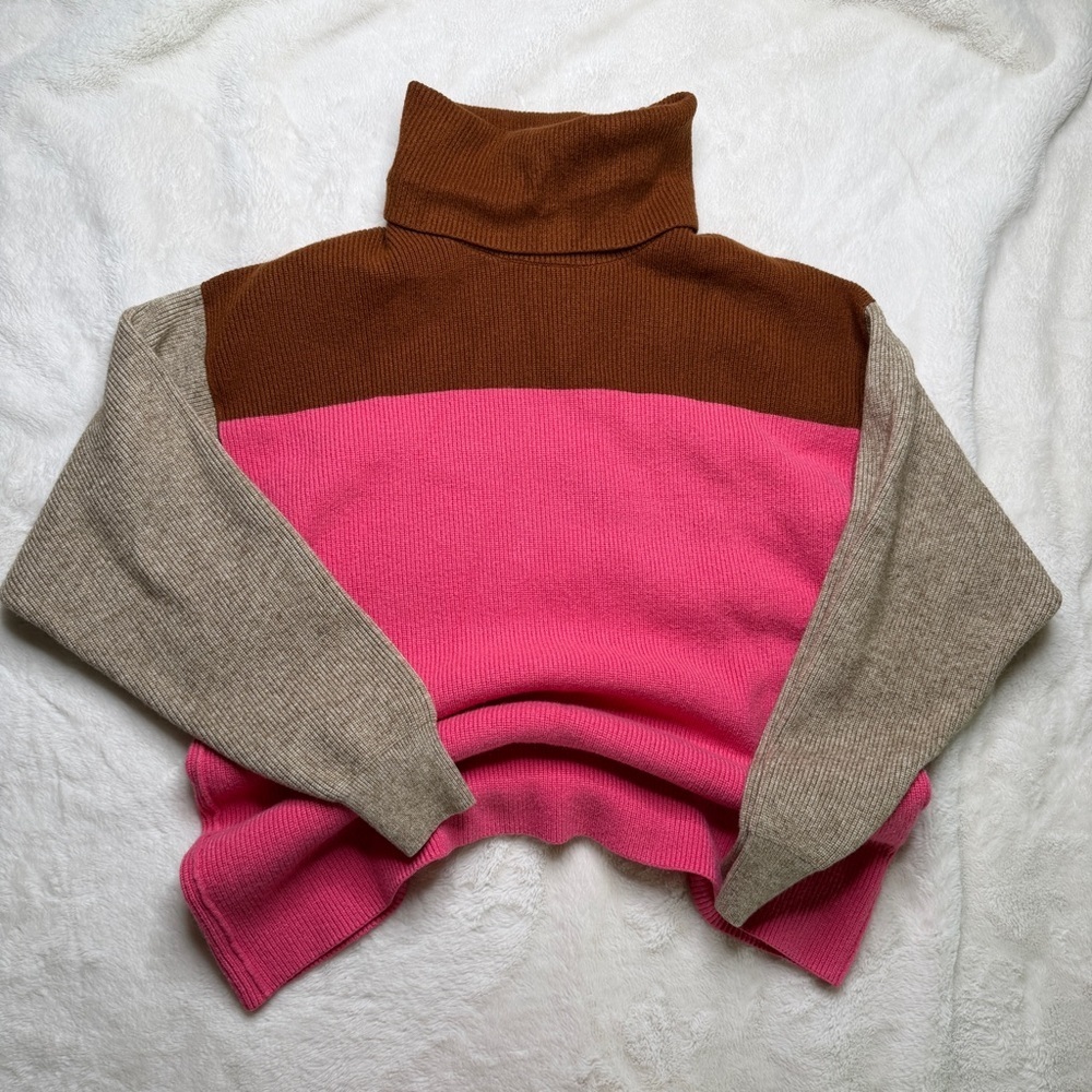 Free People Colorblock Turtleneck Sweater Oversized Pink Brown S